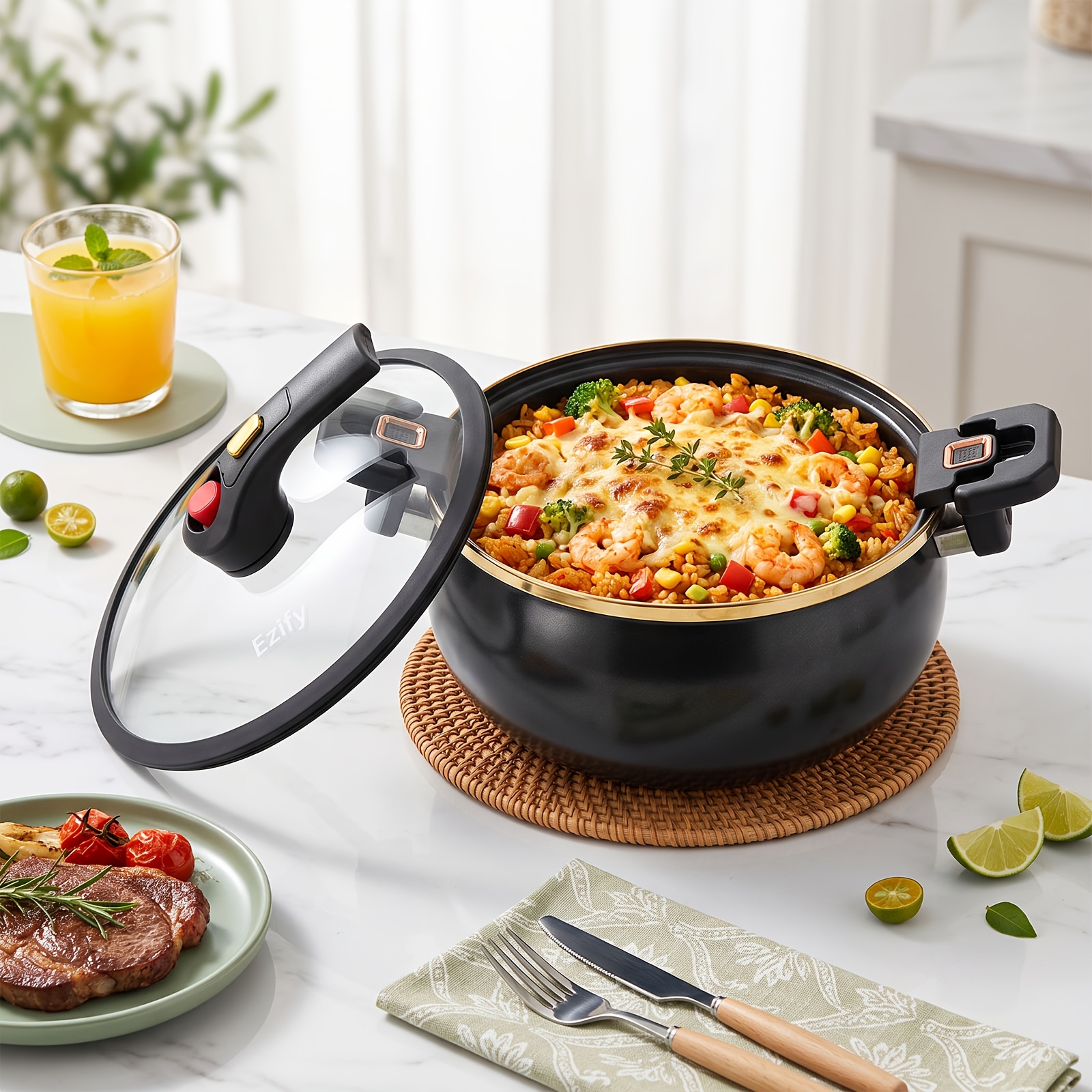 Image of 7l Large Stew Pot, With Safety Button And Dual Handles Burn-, Glass Lid And Enamel-like Minimalist Style | 7l Large Soup Pot For Camping And Home, Safe Cooking, Kitchen Accessory