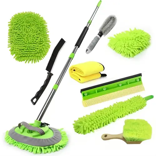 10pcs car wash kit with long handle 62 microfiber mop chenille bristle brush window squeegee and duster with plastic handle for cars rvs trucks and boats