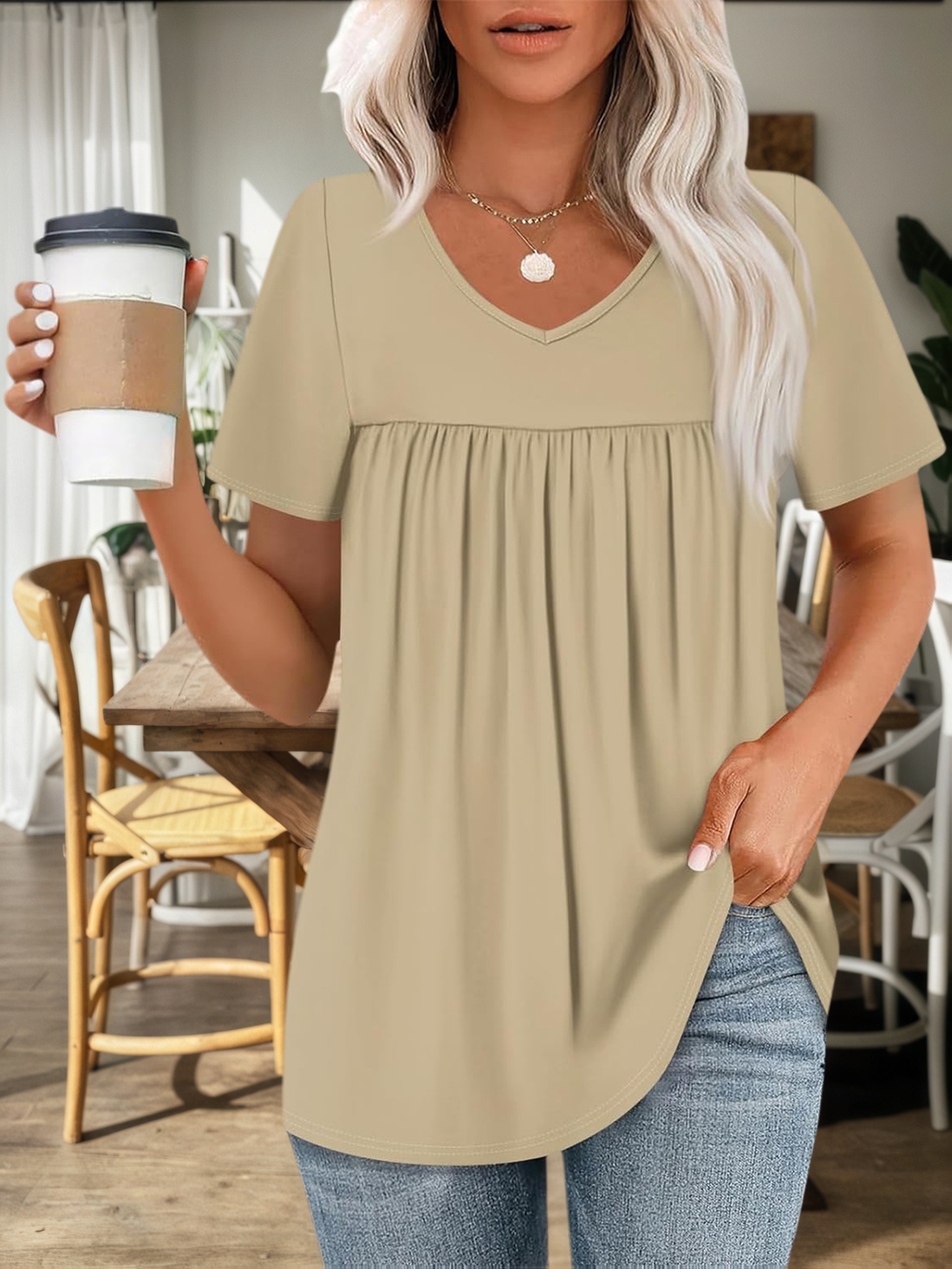 plus size plus size fashion v neck casual   short sleeve solid color t shirt