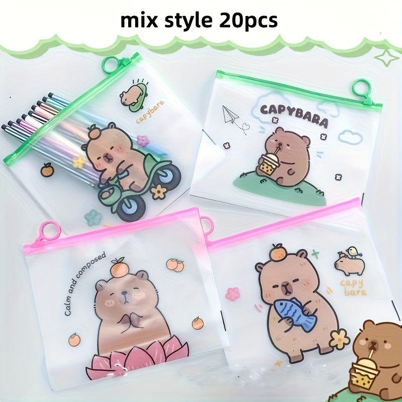 Image of 20pcs Cartoon Capybara Pvc Binder Pouches, 17.02x21.08cm, Frosted File & Stationery Organizer Bags, Suitable For Students And Office Use