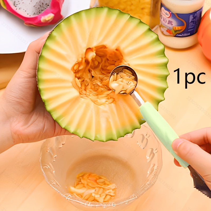 TEMU 1pc Stainless Steel Double-ended Fruit Carving Spoon Green/pink/ Cream Spoon Salad Dessert Corrugated Watermelon Ball Digger Multifunctional