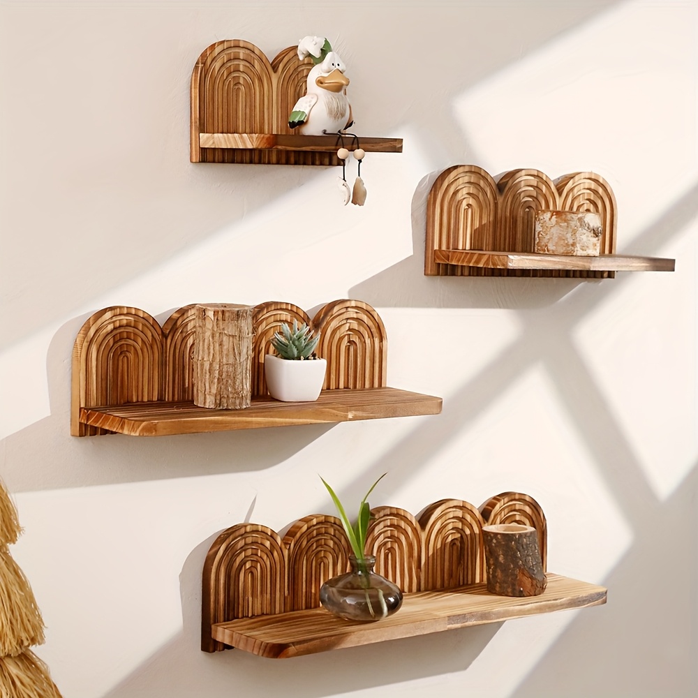 Wood Bohemian Wall Shelf - Wood Wall-Mounted Display Shelf with Open Shelves for, for storing Books, Cosmetics,, Figurines - Rustic Modern Shelving Unit for living Room, Bedroom, Bathroom