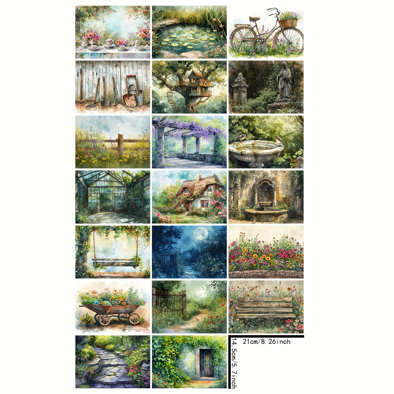 Image of 20 Sheets A5 Size Garden Bench Bicycle Shovel Flower Background Material Decorative Vintage Journal Card Planner Background Mat