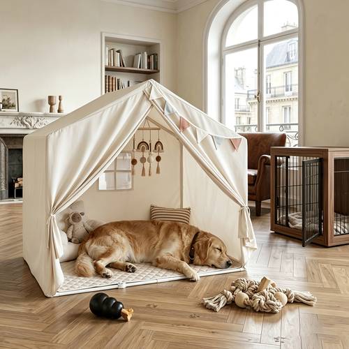 39 37 large pet tent house with mat breathable canvas indoor dog kennel for golden retriever washable dog teepee tent with window pennant banner and pet mat pet bed for medium large breeds