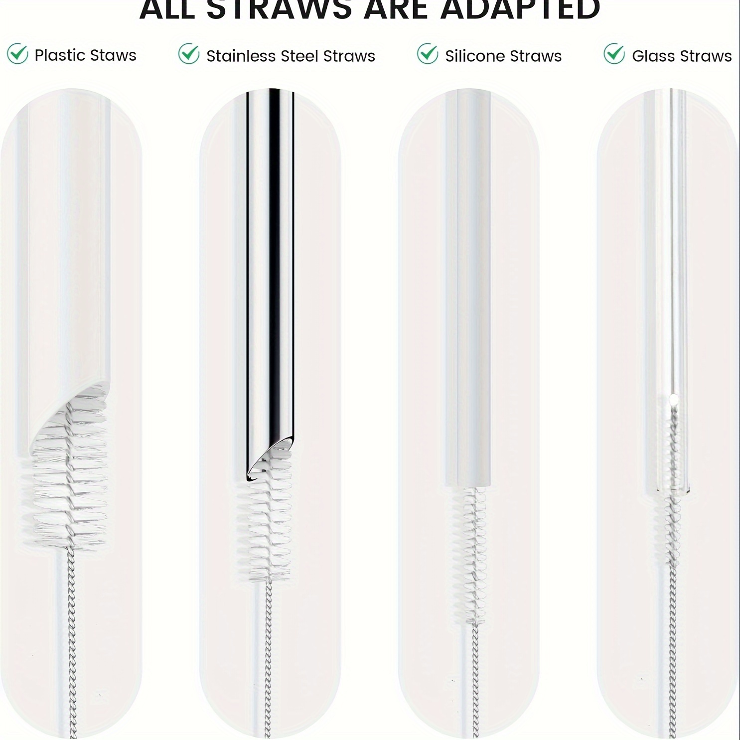Straw Cleaning Brush Set, Stainless Steel Handle Straw Brush Set 10pcs, Extra Long Straw Brush Suitable for Glass Cups, Straw Cups, Water Bottles and Tubes (White)