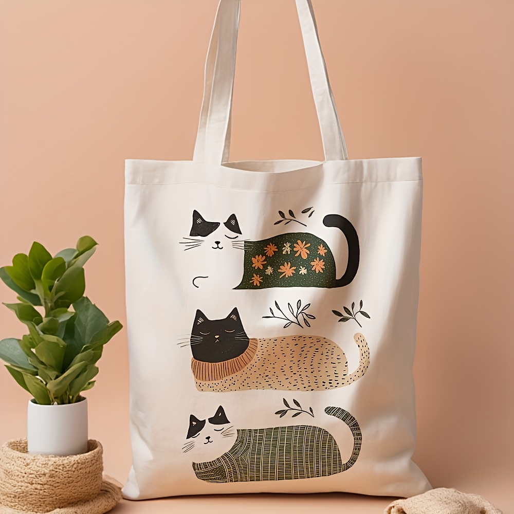 TEMU Borsa tote 1 pz, stampa fronte-retro, con tre ' in posa rilassata e stampa , a , a righe e con rami, borsa tote quotidiana per dei