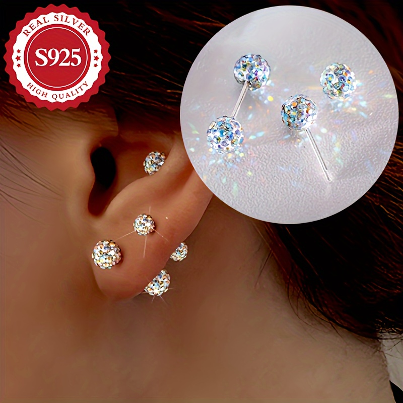 Set, Argint S925, Cercei Sferici Iridescenti Stralucitori, Hipoalergenici, 3Mm (1.4G) 4Mm (1.52G) 5Mm (1.81G)