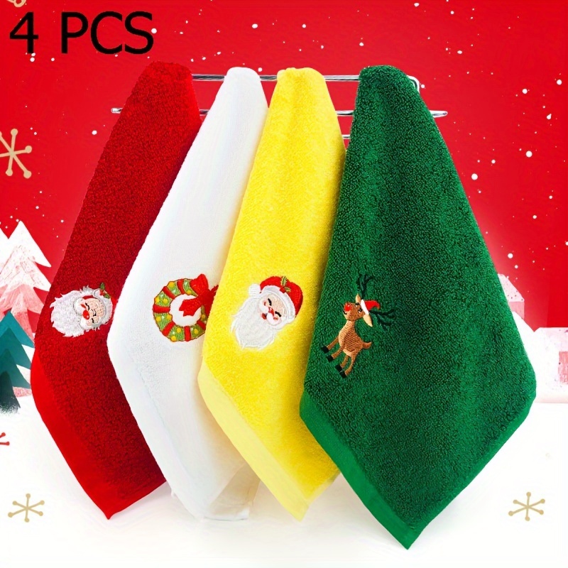 

4pcs Christmas Embroidered Cotton Towel Set - Soft & Skin-friendly, Kitchen & Bathroom Use