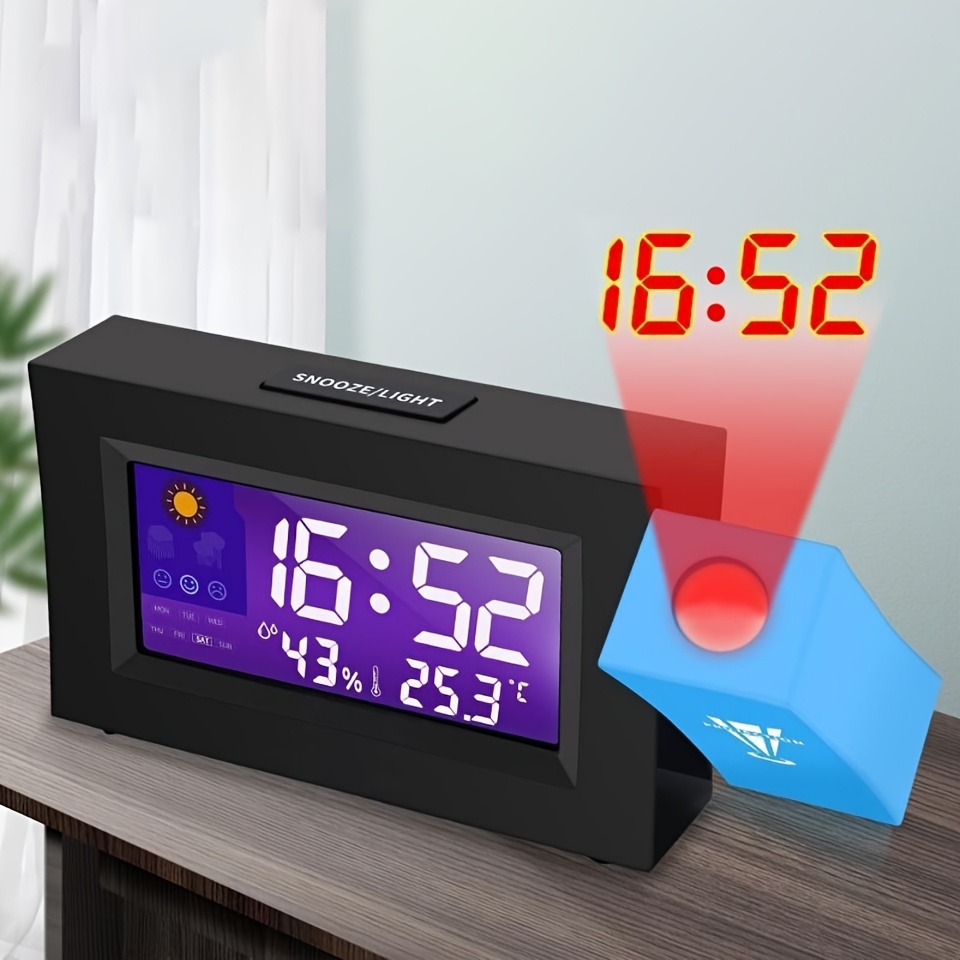 TEMU 1pc Multi-functional Projection Electronic Clock, Temperature, Humidity And Weather Display, Voice-activated Backlight, Bedroom Alarm Clock, And