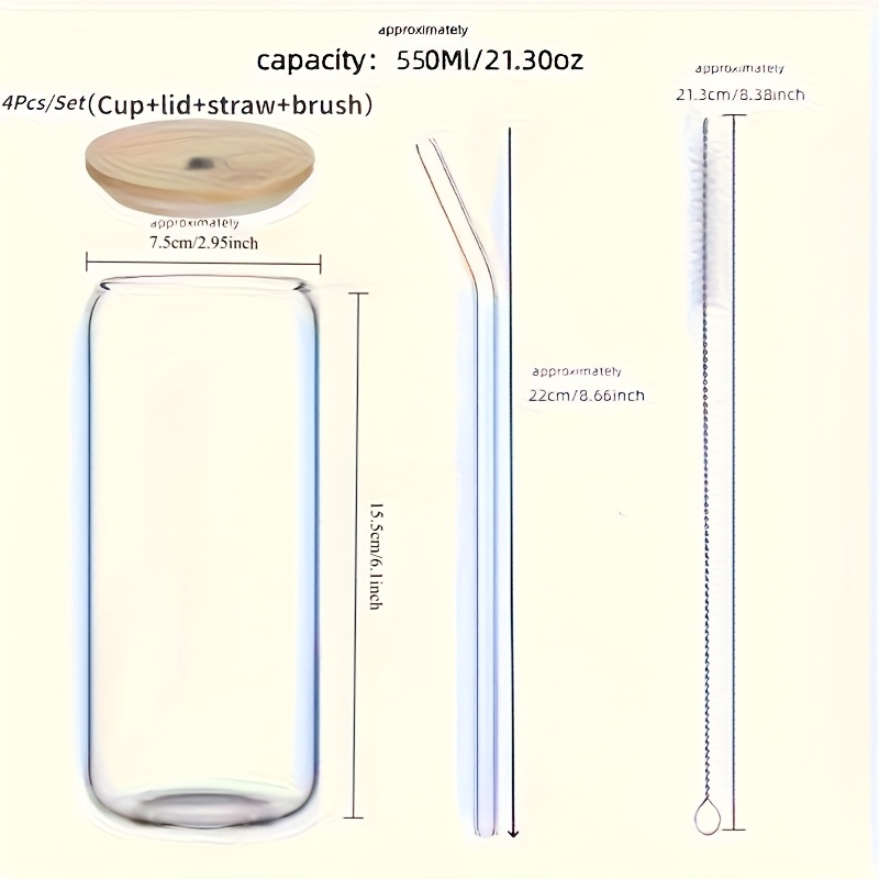 E-shop 4-teiliges Set (1 550 ml Wasserbecher und 1 Deckel und 1 Glasstrohhalm und 1 Strohhalm-Bürste) 21,3 Unzen (ca. 603,8 Gramm) Hochwertiger