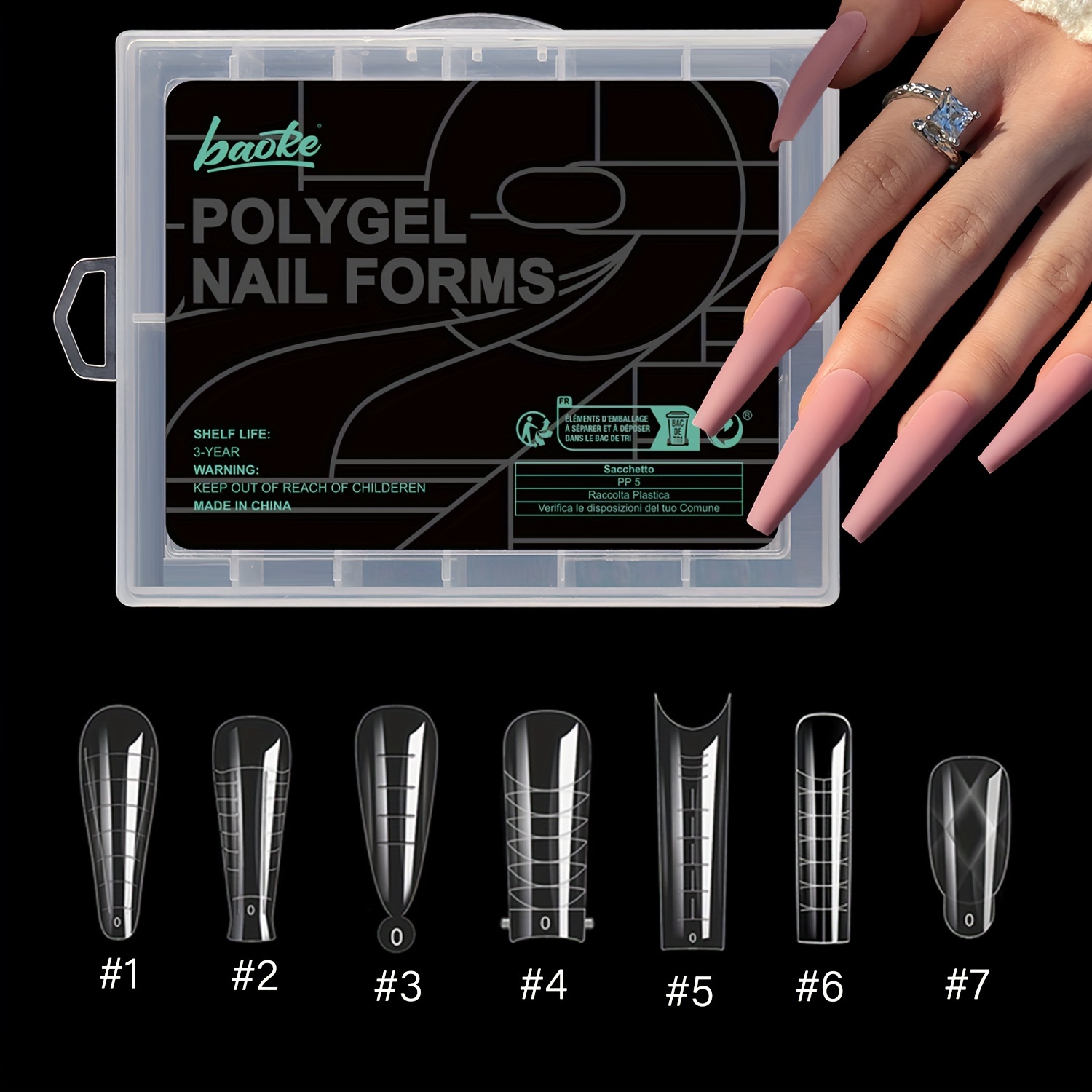 

120-piece Polygel Nail Form Set With 7 Dual-form Styles, 3d Design Uv Gel Quick-dry False Nail Tips With Pointed , Unscented, Includes Storage Case