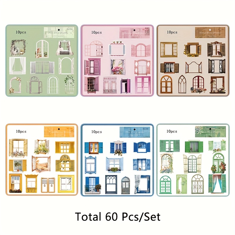 Image of 60pcs Vintage Door And Window Theme Stickers, Self-adhesive Pet Material Window Pattern Stickers, Suitable For Diary Journal Photo Album Decoration Diy Material Stickers Window And Door Stickers