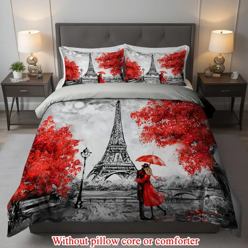 2 3pcs 1 duvet cover 1 2 pillowcase without core romantic france tower valentines day rainy romantic couple print soft comfortable bedding set for bedroom dorm room family gift Product details 1