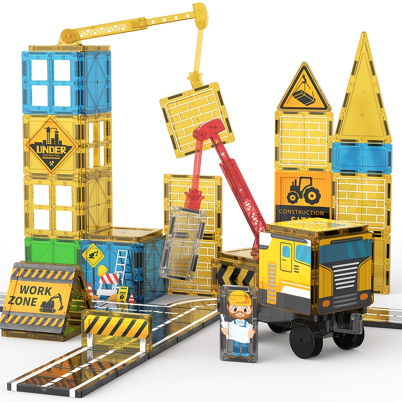 Magnetic Tiles Building Set With Crane, 30pcs Stem Construction Toy For Kids Ages 3+, Building With Road Tiles, Birthday Christmas Gift For Boys Girls