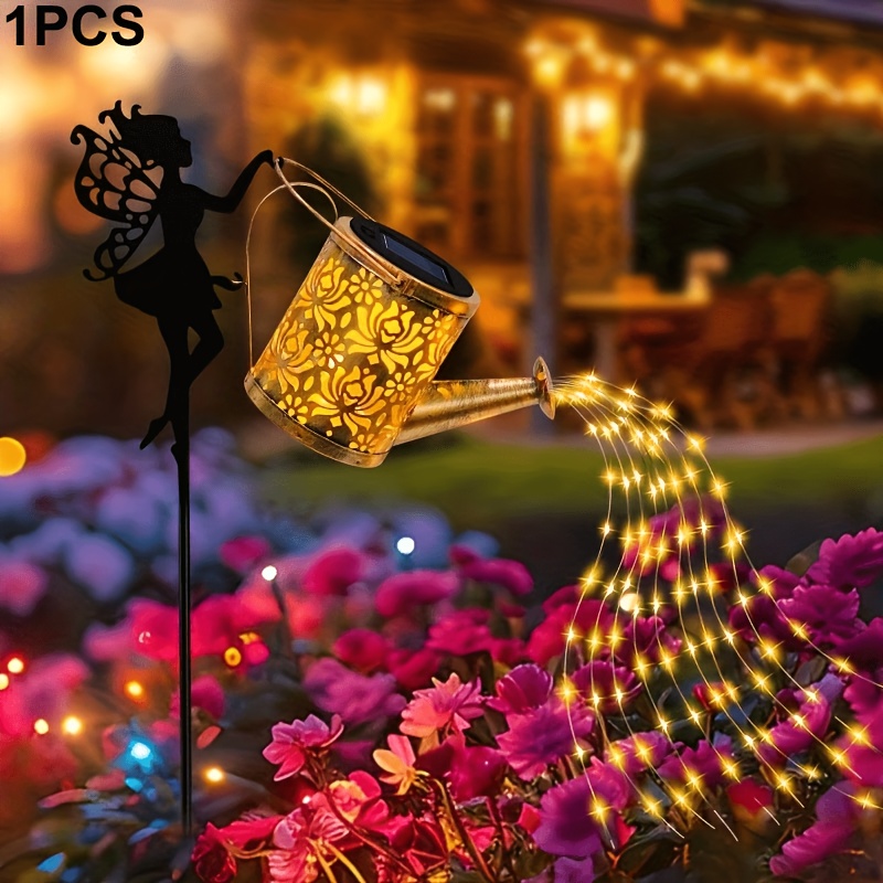 TEMU 1pc Outdoor Solar Fairy Kettle Lights, Elf With 40led Flowing Lights Garden Watering Can Lights, 1000lm Lawn Waterfall Light, Landscape