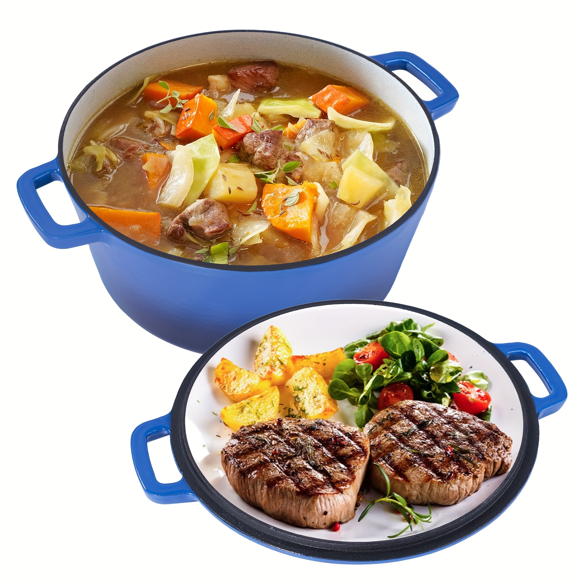 TEMU 6qt+2qt 2-in- Iron Dutch Oven Pot, Enameled Pots With Lid For Bread Baking, Cooking, , Heavy-duty & Nonstick, Oven To 500° F, Dual Handles, Works On All Stovetops