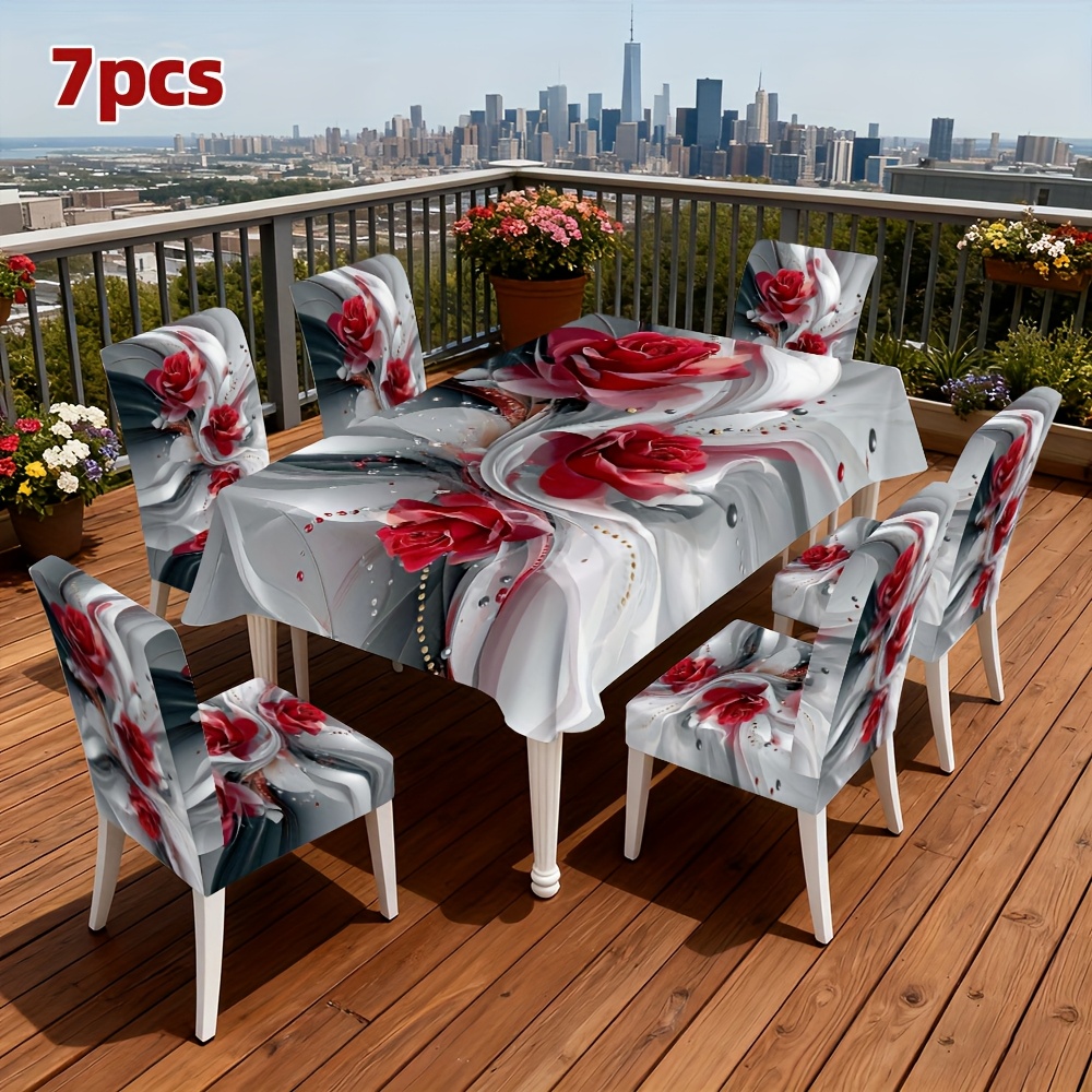 TEMU Ensemble de 4/5/6/7 pièces de housses de chaise et de nappe artistiques avec motif de abstraite, installation et lavage faciles, convient pour