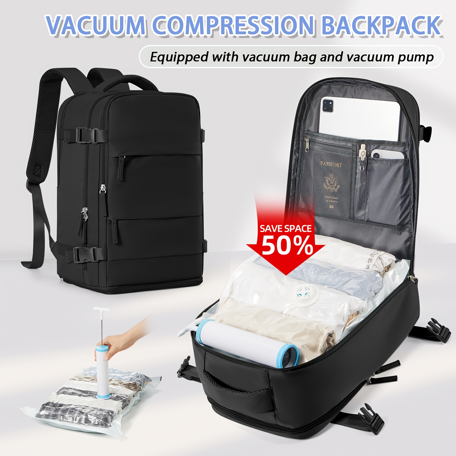 E-shop EasyJet Kabinentasche , Reiserucksack für unter den Sitz, flugtaugliches Handgepäck, Vakuum-Kompressionsrucksack 3-teiliges Set, Wanderrucksack