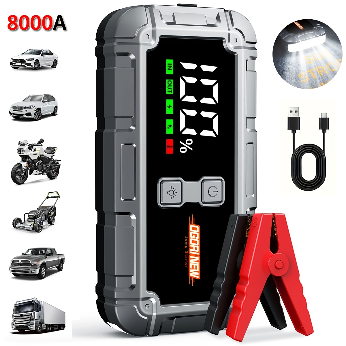 E-shop 12V Auto-Starthilfe 8000A Spitze, Autobatterie-Booster-Pack-Powerbank, Starthilfegerät mit LED-Licht LCD-Bildschirm (bis zu 10.0 Benzin- oder