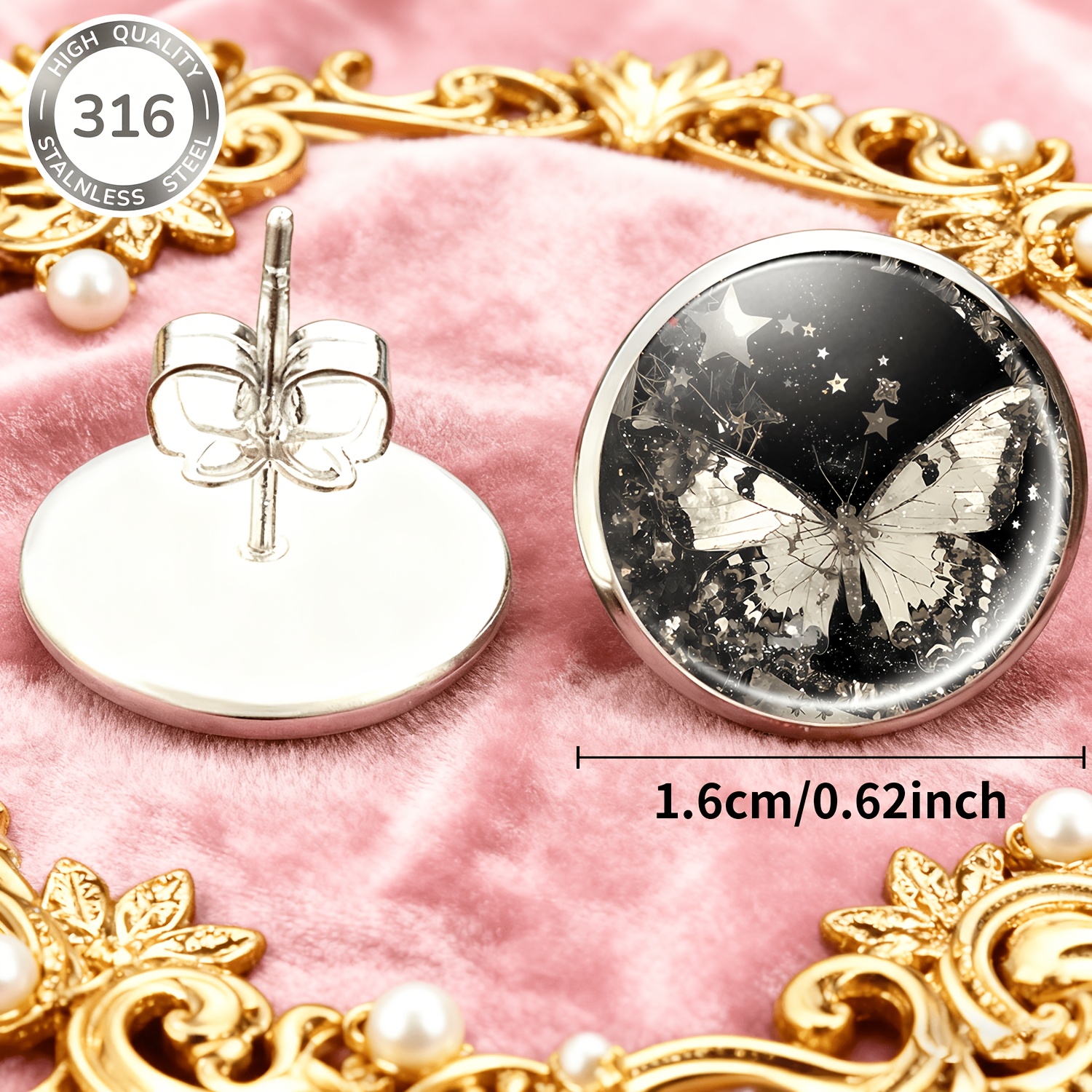 2pcs Night Sky & Butterflies Stainless Steel No-Drill Stud Earrings