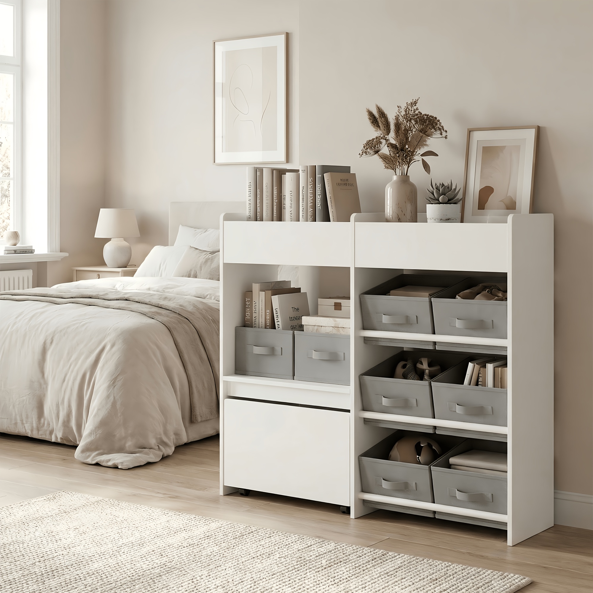 Kealive Bookcase, Bookshelf With 10 Fabric Boxes, Storage Cabinet For Bedroom, Living Room, Study, White