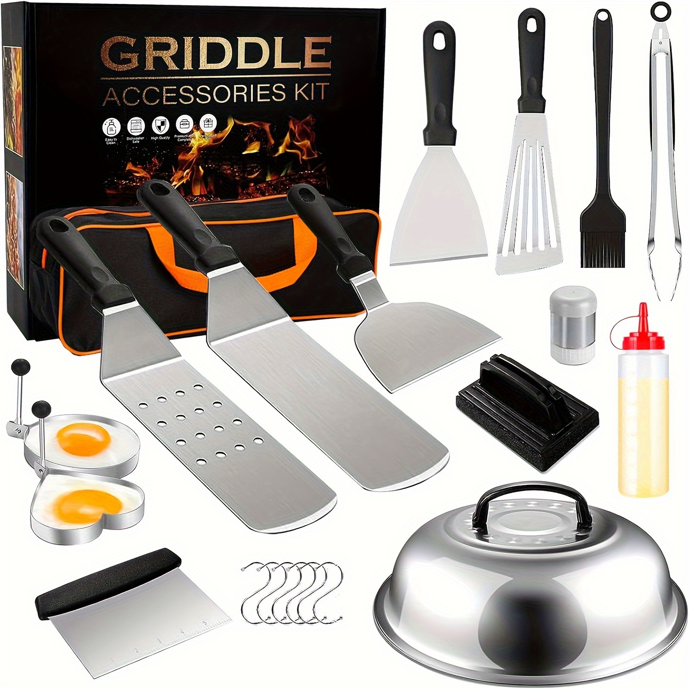 

22pcs Blackstone Griddle Accessories Kit, 22pcs Flat Accessories Set For Blackstone And Camp Chef, Scraper, Spatula, Basting Cover, Tongs, Egg Ring, Carry Bag For Outdoor Bbq