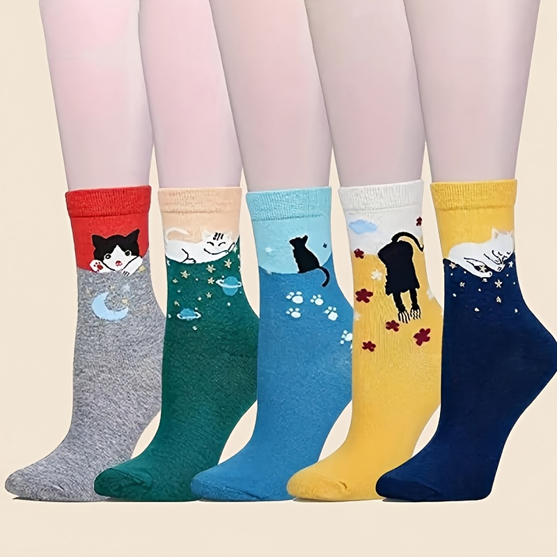 E-shop 5er-Pack Damensocken mit Niedlichen Cartoon-Katzenmotiven - Verschiedene Spielhafte Katzenschnitte, Leuchtende Farben, Weiches Bequemes Material