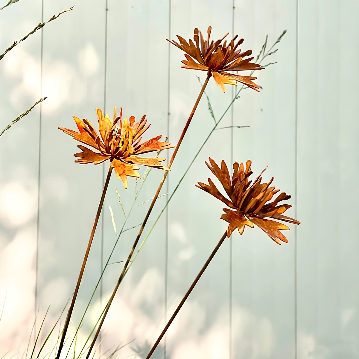 TEMU 【3d】 [3d] 1pc/2pcs/3pcs Vintage Country Style Chrysanthemum Flower Garden Stakes, Handcrafted Rusty Iron Metal Floral Decor, Outdoor Rustic Yard