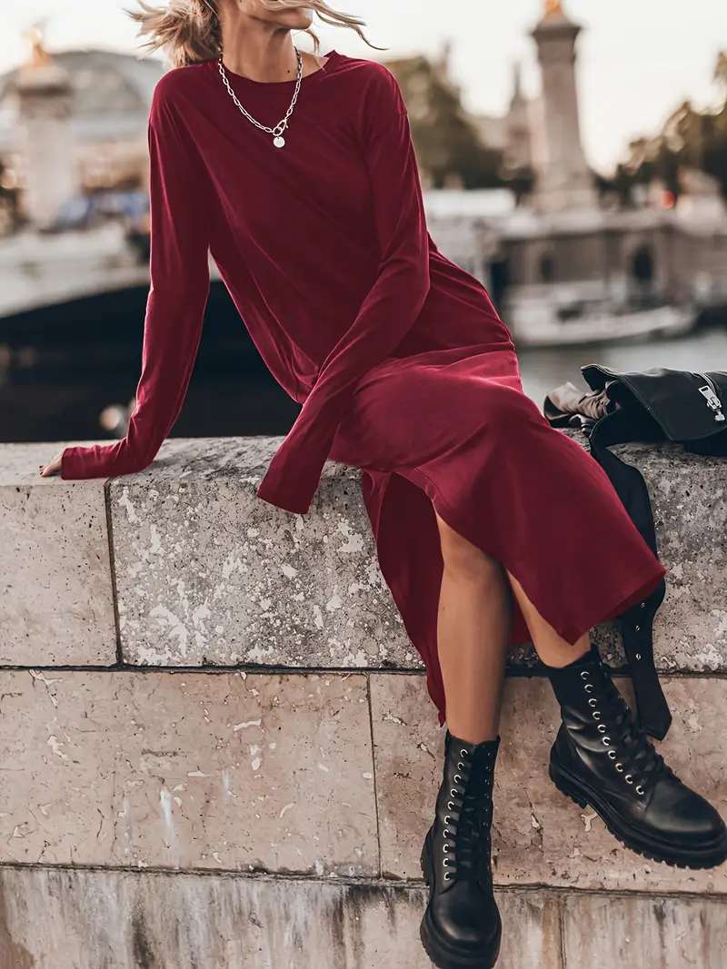 casual spring maxi dress with sleeves Women's Boho Floral Patchwork Maxi Dress Long Sleeve Crew Neck With Pockets Casual Summer Vacation Dress