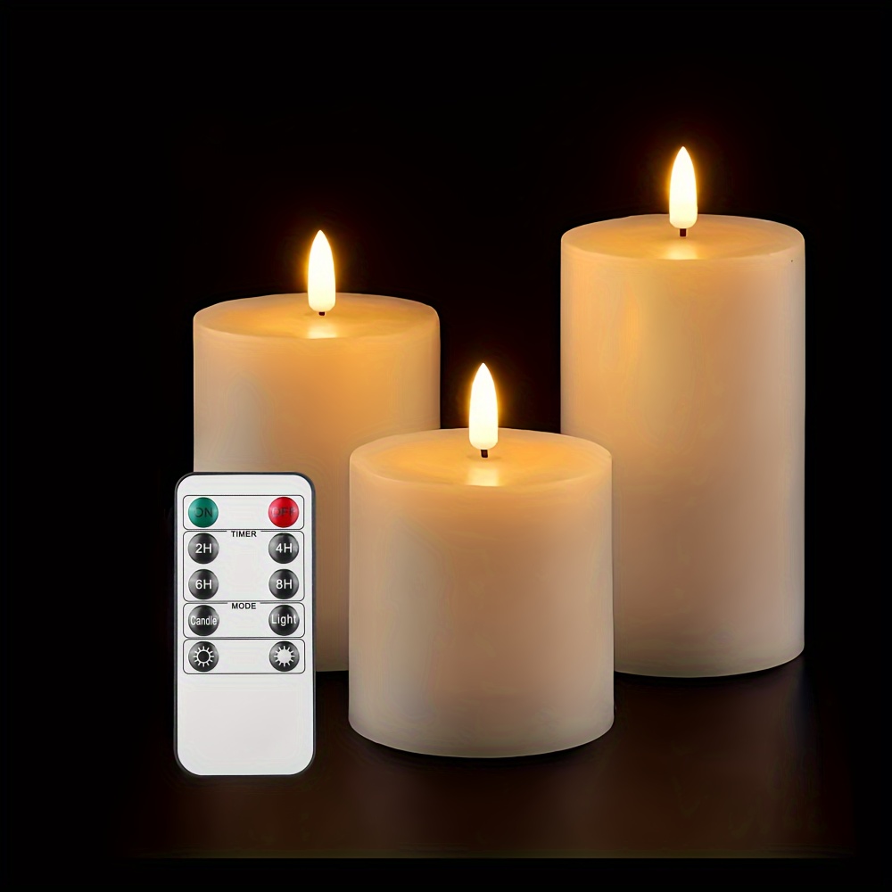Image of 3-pack Flameless Led Column Candles With Remote Control Timer, Battery-powered White Real Wax Candle Set With Realistic Flickering Flame For Party, Wedding, Home Decor, Christmas, Halloween