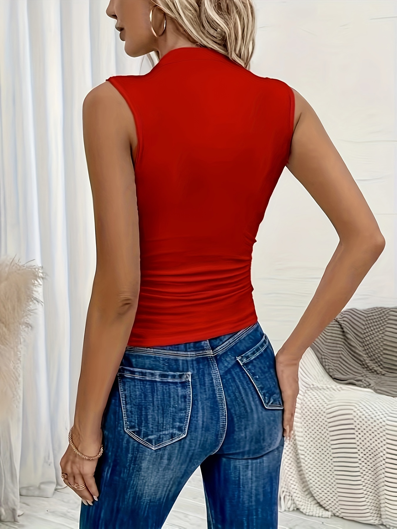 Women'S Elegant Sleeveless Vest - Vibrant Red with Ribbed Cuffs & Waist Detail, Stretchy Polyester Blend for Spring/Summer, Machine Washable, Casual Chic Style