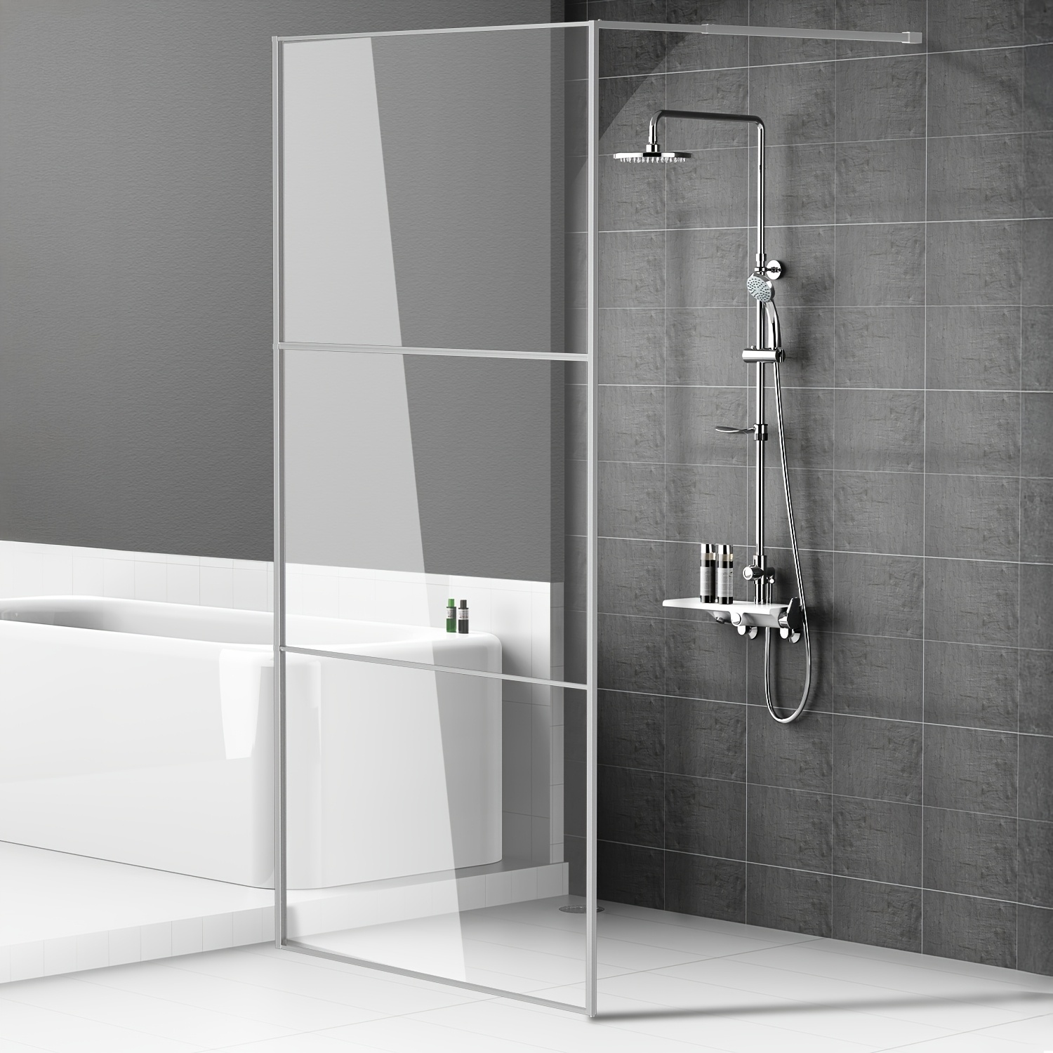 Walk-in Shower Door, 80x200cm Silvery/black Aluminum Frame - 5mm Tempered Safety Glass, 3-, Suitable For Floor Or Shower Base, Reversible Installation, Ideal For Small Bathroom Expansion