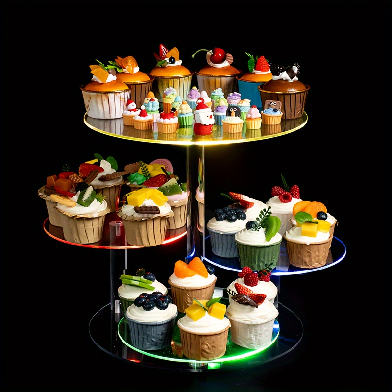 TEMU A Four-tier Acrylic Cupcake Display Featuring Led Lights, A Vibrant Round Dessert Tower Ideal For Birthdays, Bars, Anniversaries, Weddings, And Party Decorations