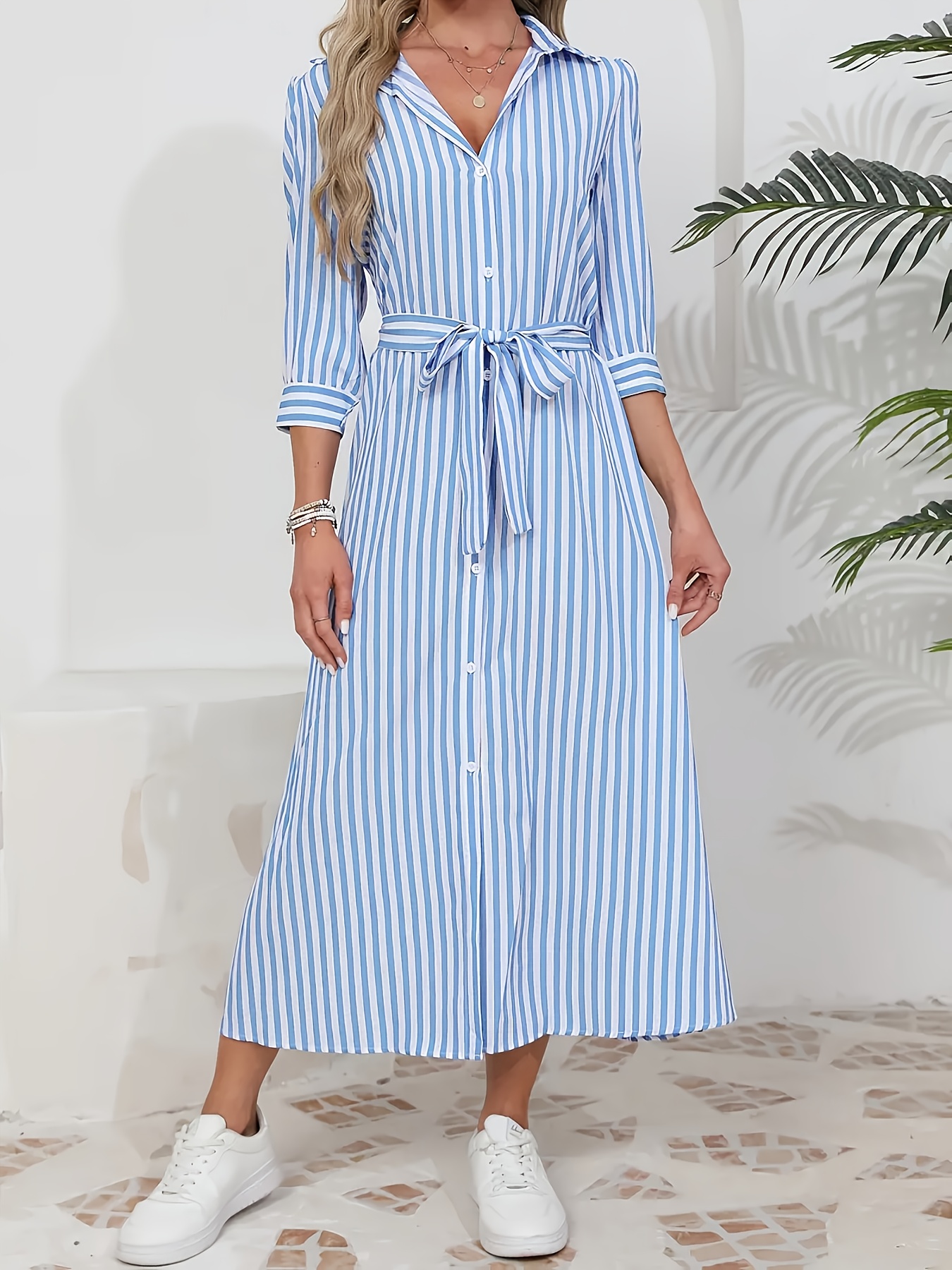 white christmas dresses Chouyatou Women's Summer Casual Stripe Shirt Dress Button Down Loose F –  CHOUYATOU main image 0
