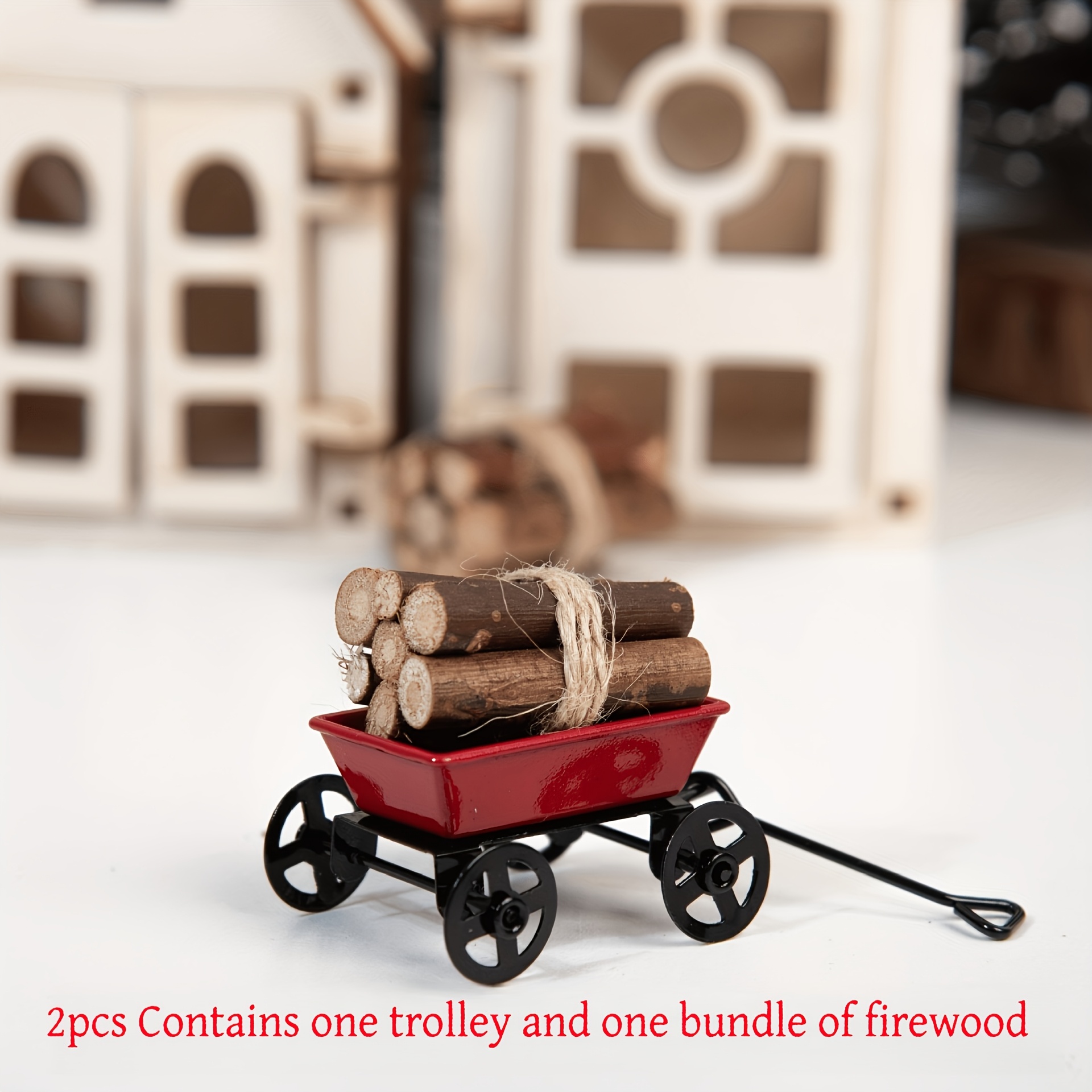 TEMU 2pcs Set Includes 1 Trailer And 1 Firewood Small Trailer Ornament, Suitable For Desktop Decoration, Photography Props, Party Supplies, And An