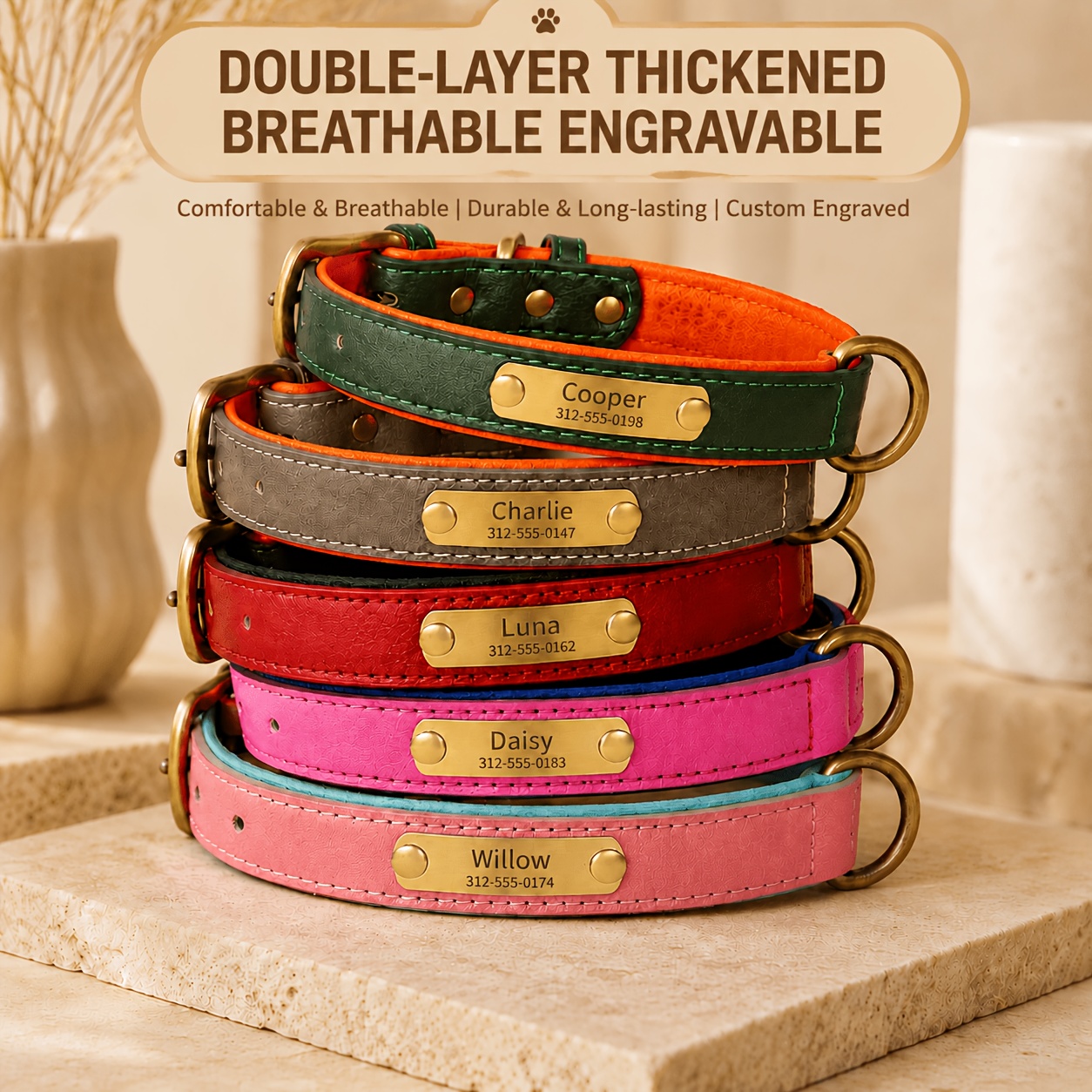 Personalized Faux Leather Dog Collar with Adjustable ID Tag
