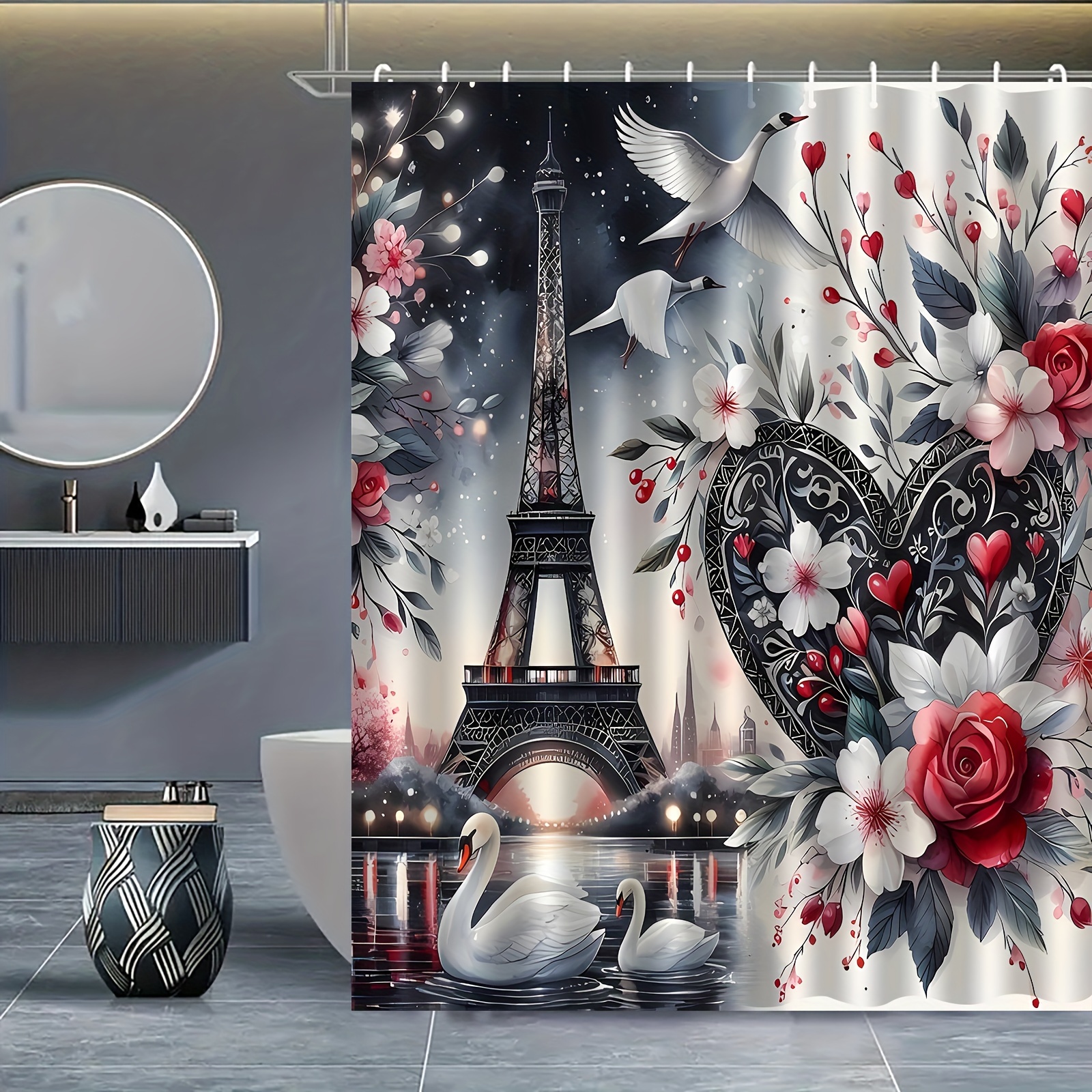 

Floral Shower Curtain With Hooks - Water-resistant Polyester Knit Bath Curtain, Machine Washable, Home Bathroom Decor, Architecture & Print