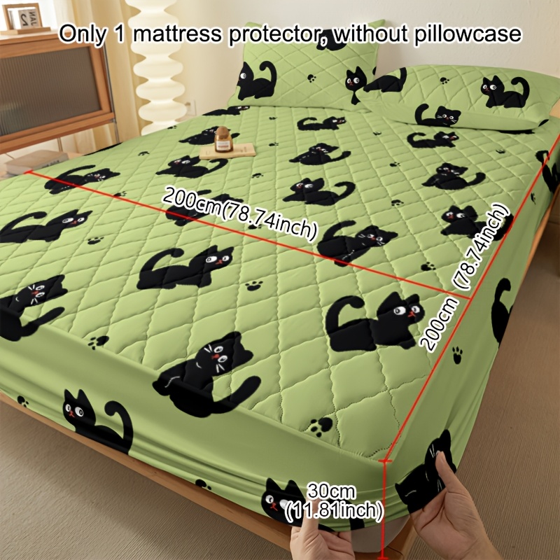 TEMU 1 Protector de colchón de capas con diseño de gato negro y base verde diagonal, moderno, fácil, , y transpirable, 1 , de cama estampada para