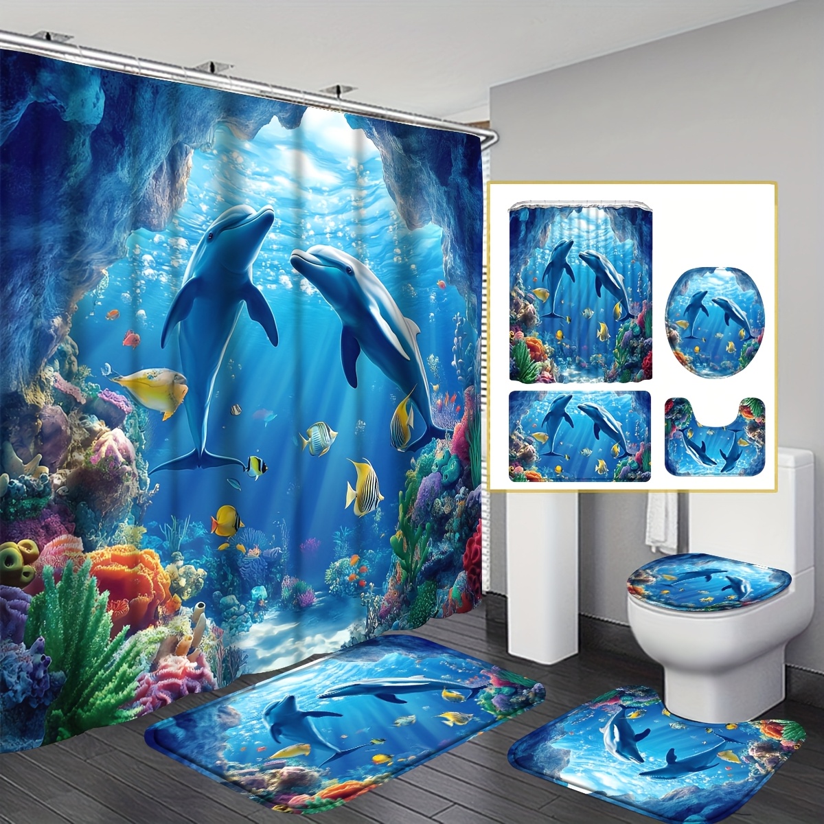 TEMU 4pcs Dolphin Shower Curtain Bathroom Sets Full Sets, Blue Ocean World Coral Bathroom Sets With Shower Curtain And Rugs, High Quality Fabric