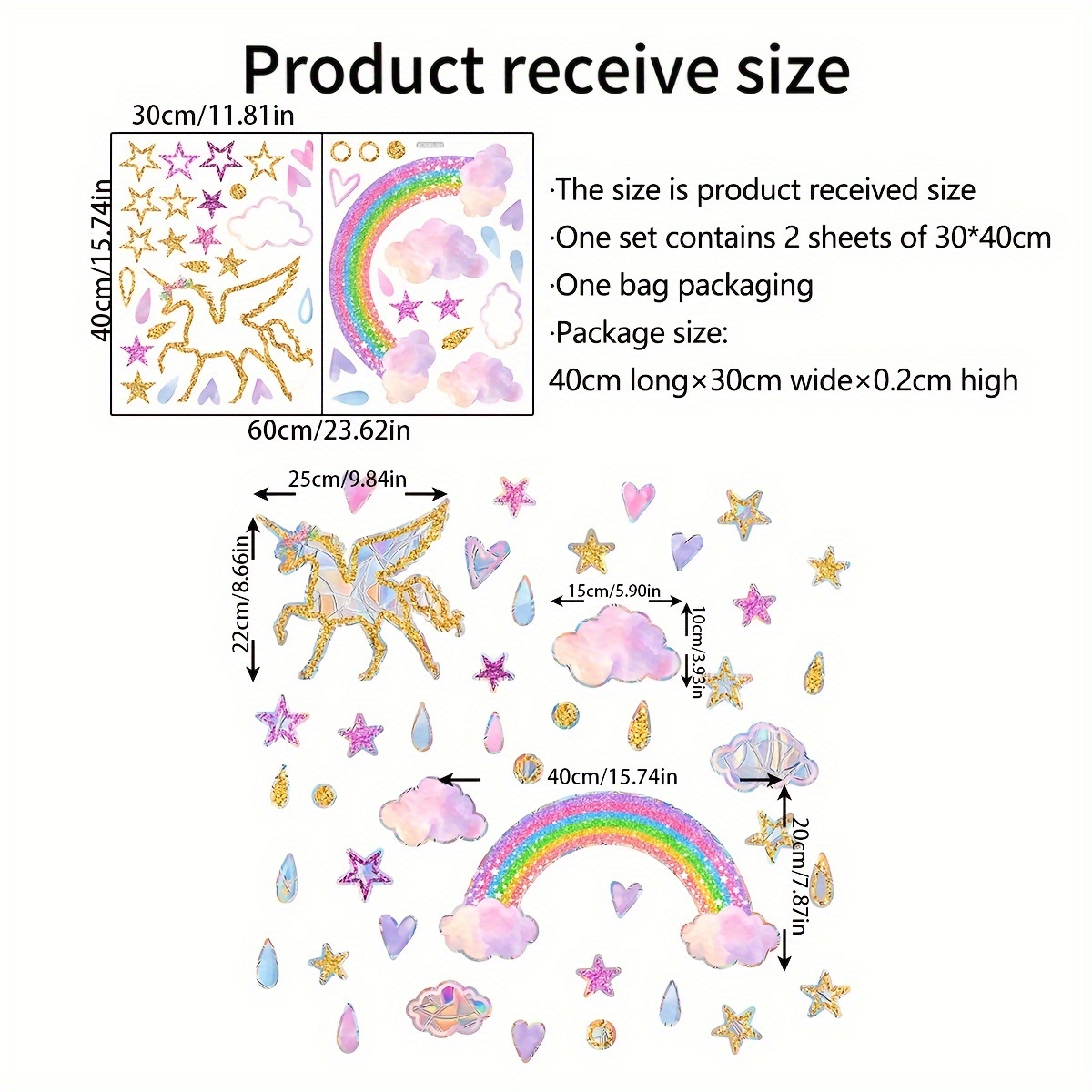 A Set Of 2pcs, 30*40cm*2pcs, Rainbow Unicorn Star Raindrop Iridescent Sunlight Static Cling Glass Window Decals For Display Windows