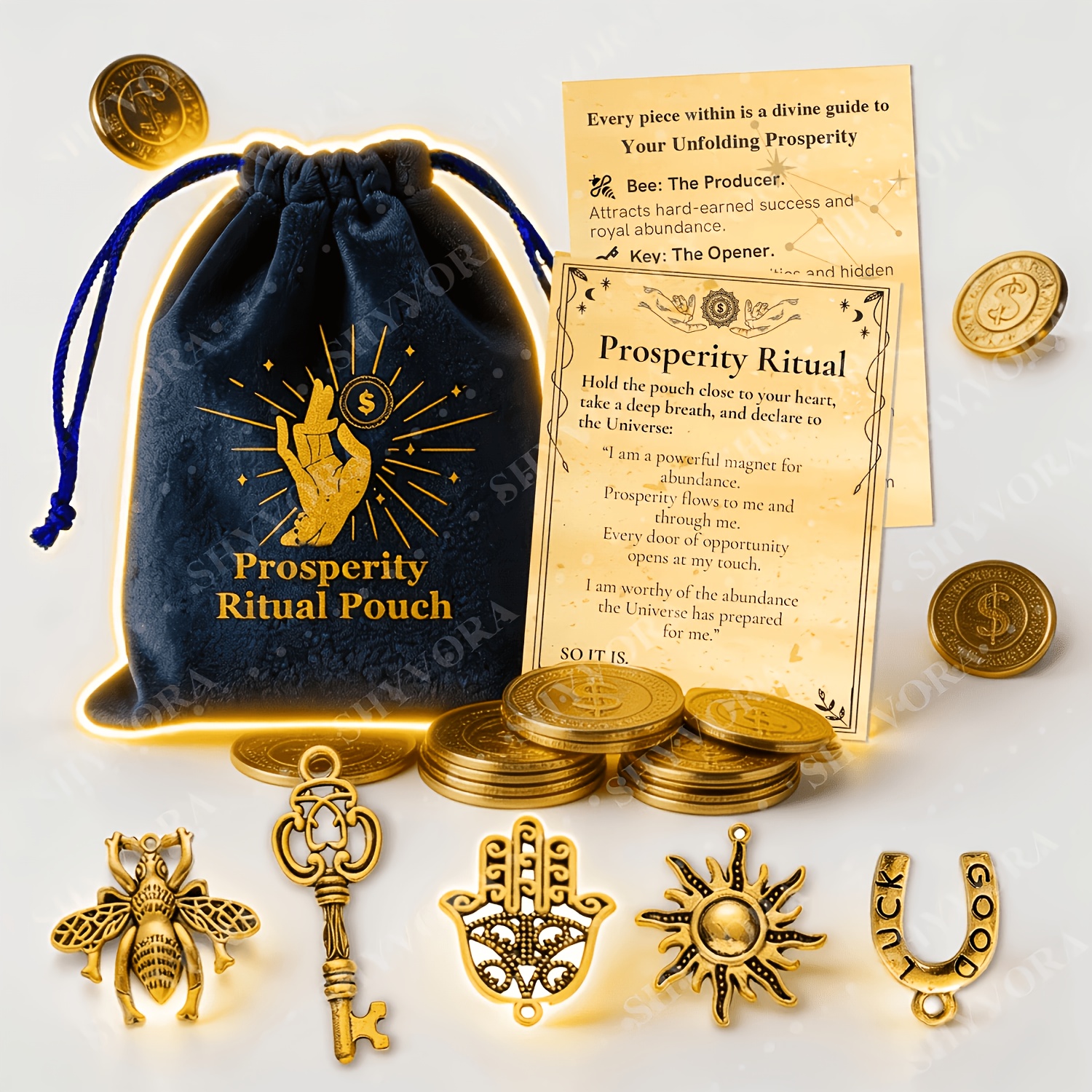 TEMU Gift For Her/him The Pouch, Multi-item Party Favor Packs, 5pcs Manifestation Set For Wealth And Luck, Navy Velvet Bag With Symbols And