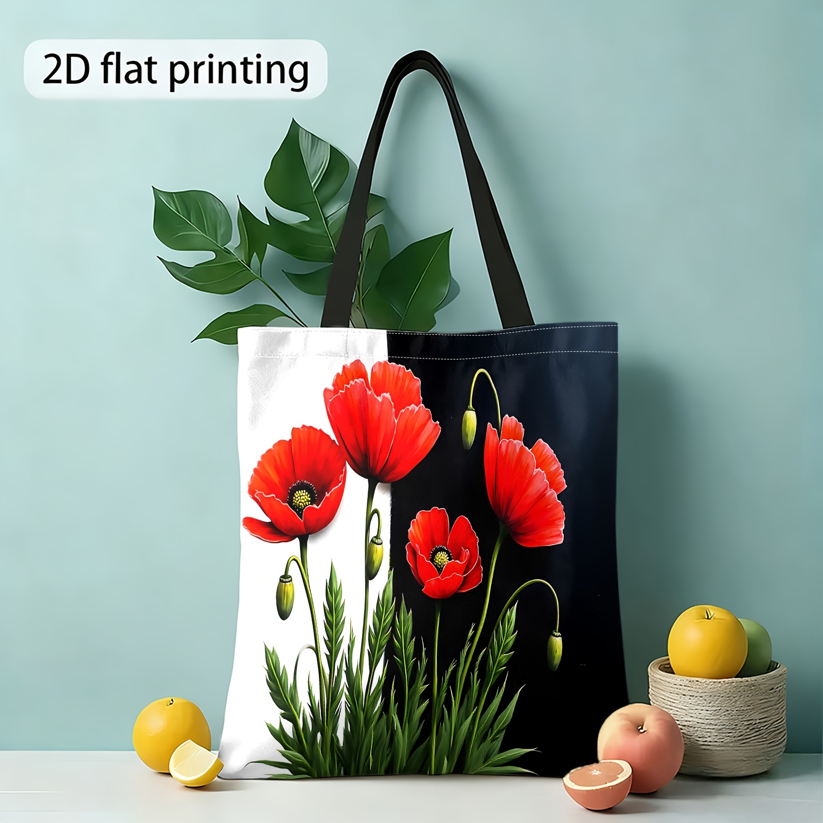 Image of 2d Printed Shoulder Bag, Red Poppy Flower Reusable Tote Bag, Women's Handbag And Tote, Suitable For Daily