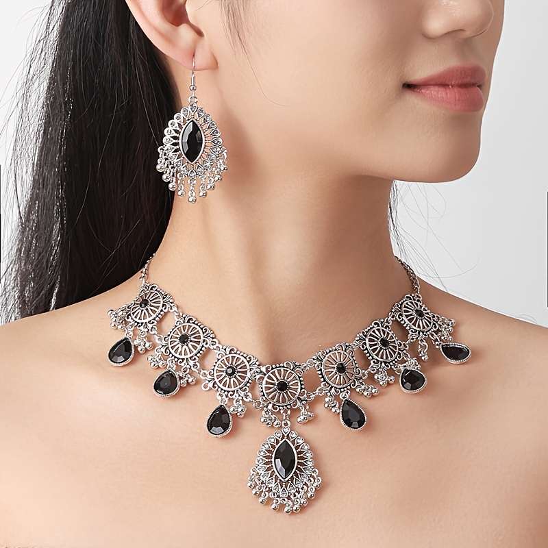 vintage exquisite flower pattern synthetic gems inlaid dangle earrings necklace luxury ethnic style silver plated jewelry jewelry set gifts for women gifts for eid details 7