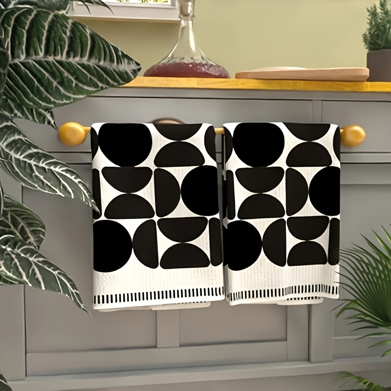 TEMU 2pcs Black And White Geometric Pattern Kitchen Towel Set - Polyester Hand Towels, Modern Scandinavian Style Dishcloths, White Black Beige Gray