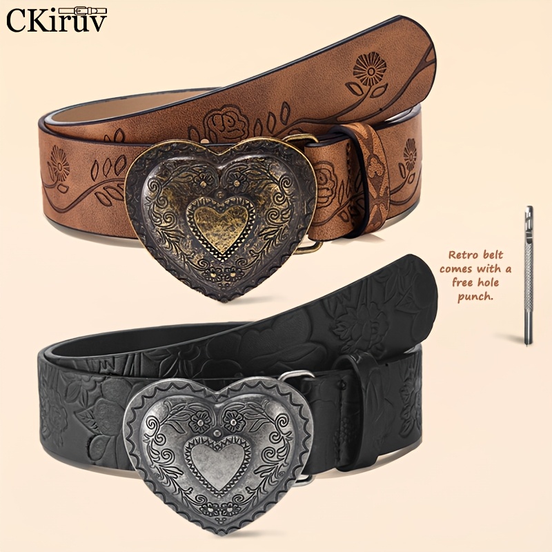 TEMU 2pcs Ceintures Cowboy Western Vintage, Sangle Durable en Toile, Boucle en Alliage Cœur Sculpté à , Artisanat , Free Puncher, Taille de Taille