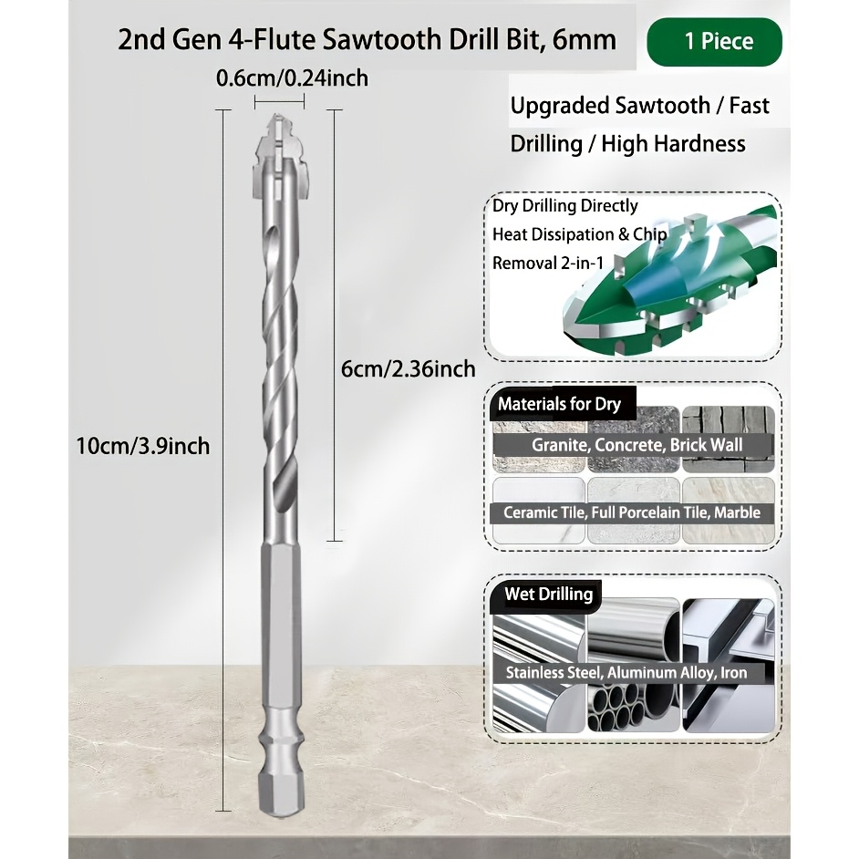 Image of 1pcstile Drill Bit Concrete Hand Drill Hole Punch Hard Bent Ceramic Hex Shank Special Drill