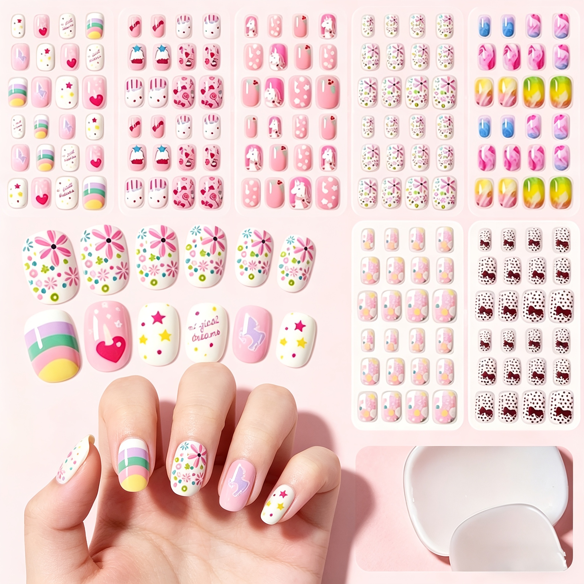 168pcs cute cartoon press on nails 24pcs 7pcs short   nails full cover nail tips with heart flower bow print colorful acrylic false nails for diy manicure nail art decoration