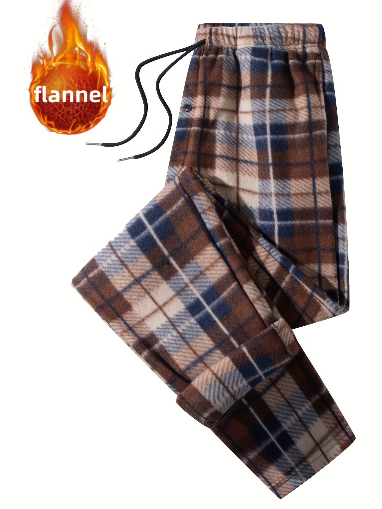 Plaid Pattern Men's Flannel Warm Long Drawstring Trousers - Temu