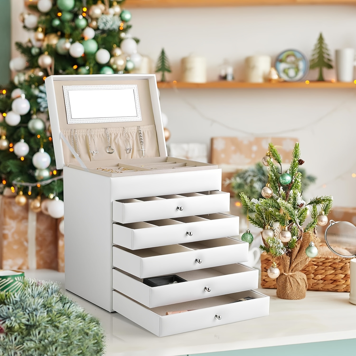 TEMU Jewelry Box, Jewelry Box With 6 Levels, Jewelry Box For Women With 5 Drawers, Jewelry Storage For Necklaces, Watches, Rings, Earrings, Bracelets, Gift For Girls