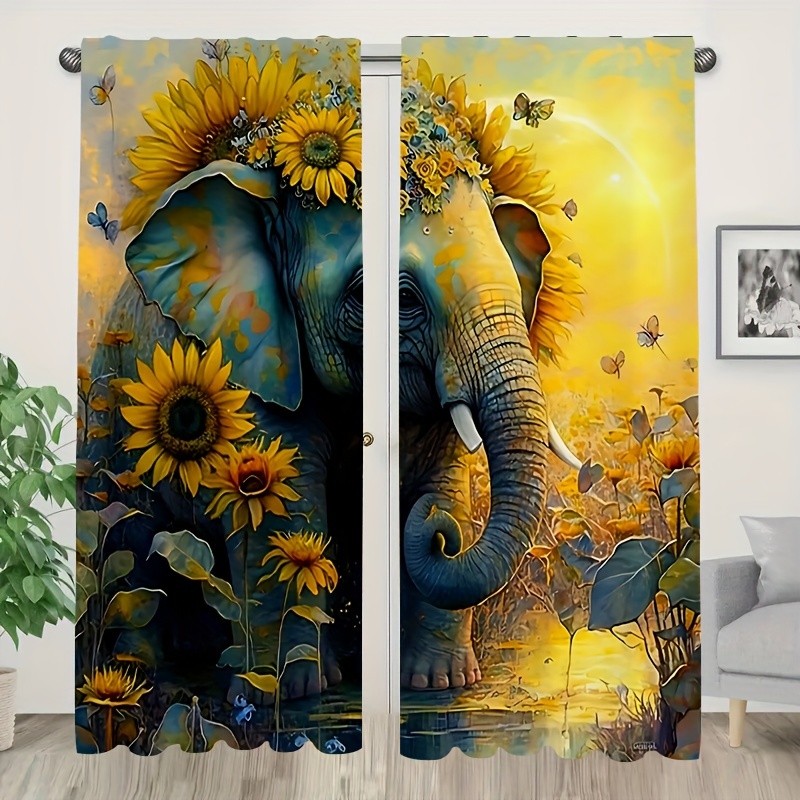 

2pcs Sunflower Elephant Pattern Curtains, Decorative Window Drapes, Window Treatments For Bedroom Living Room, Home Decoration, Room Decoration